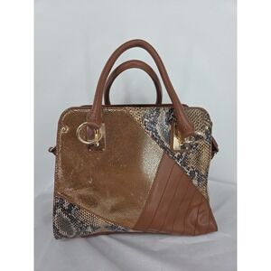 Sharif‎ Studio Leather Handbag Patchwork Snake Print Gold Hardware Brown